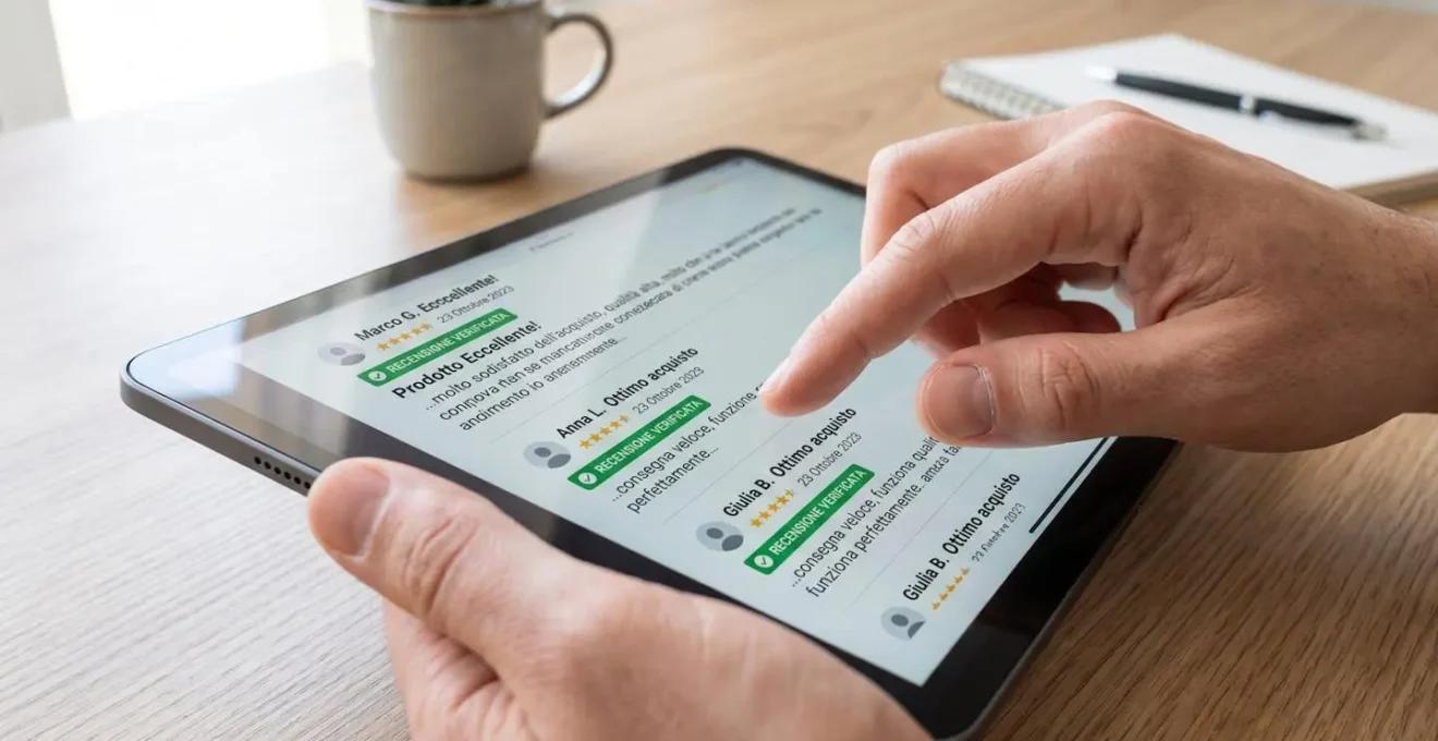 Mani che scorrono recensioni su un tablet con un badge di certificazione leggermente sfocato sullo schermo