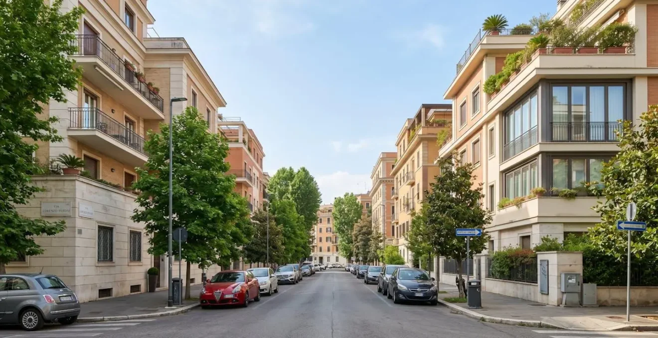 Veduta di un quartiere residenziale romano con architettura europea contemporanea, strade pulite e luce naturale diurna